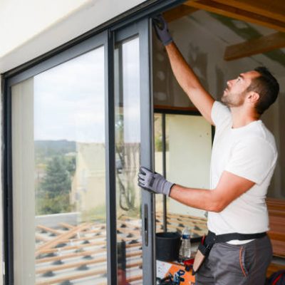 handsome young man installing bay window in a new house construction site